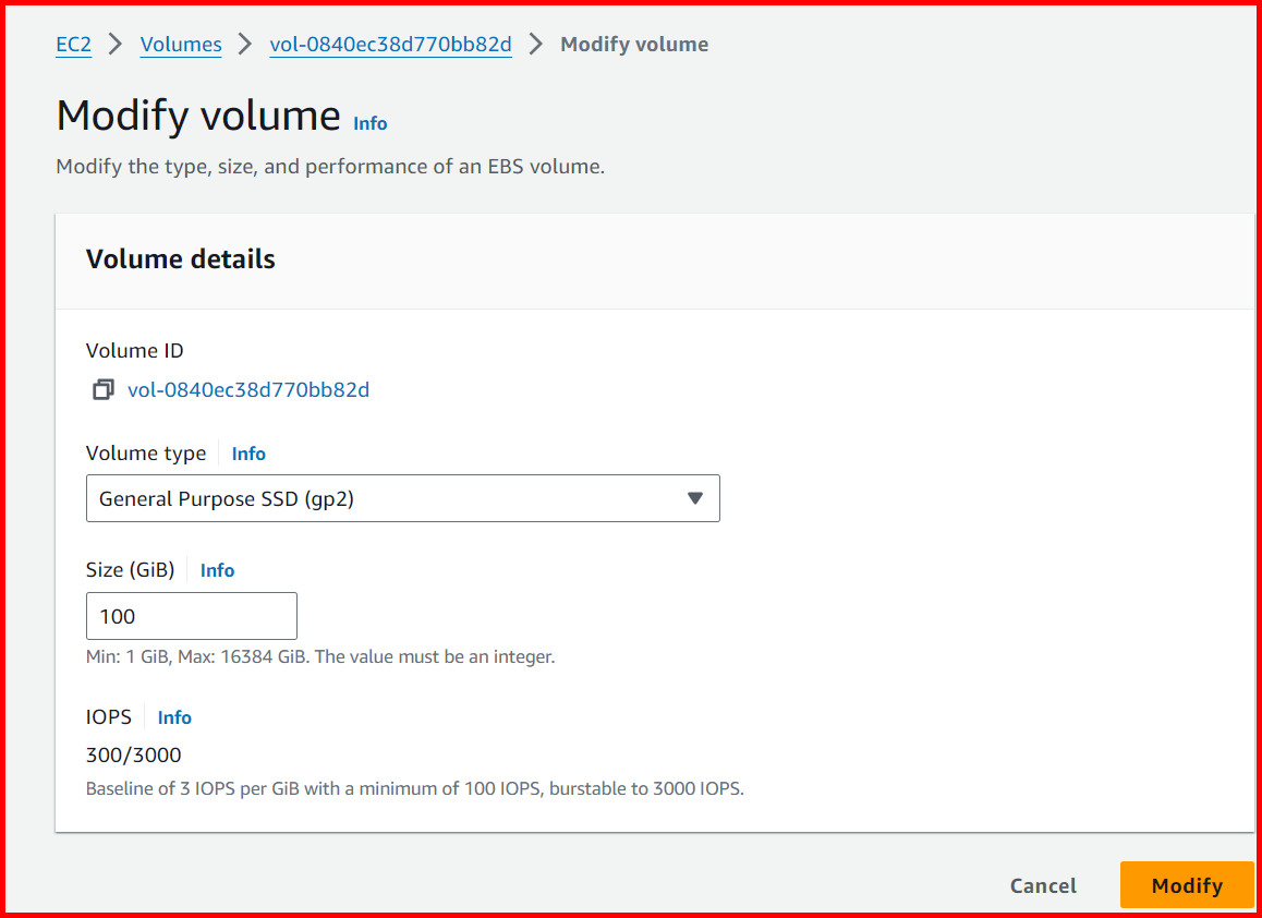 Picture showing the Modify Volume screen for changing the size of the volume